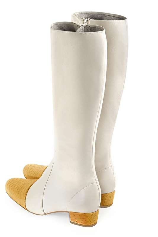 Mustard yellow and off white women's feminine knee-high boots. Round toe. Low block heels. Made to measure. Rear view - Florence KOOIJMAN